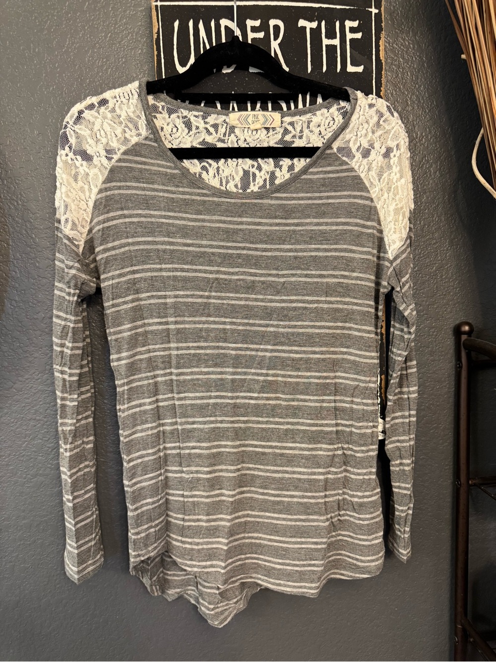 Pink Rose Gray Striped Long Sleeve Lace Shoulder Top. Large